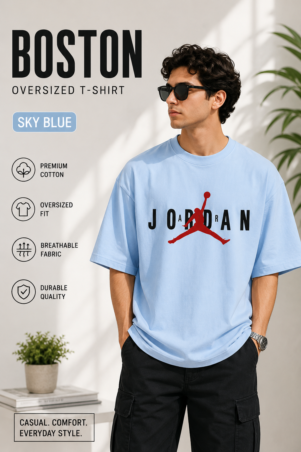 T-Shirt for Men, Sky Blue Casual Cotton Graphic Tee, Relaxed Fit Short Sleeve Shirt, Breathable Lightweight Top for Everyday Wear, Streetwear Summer Clothing
