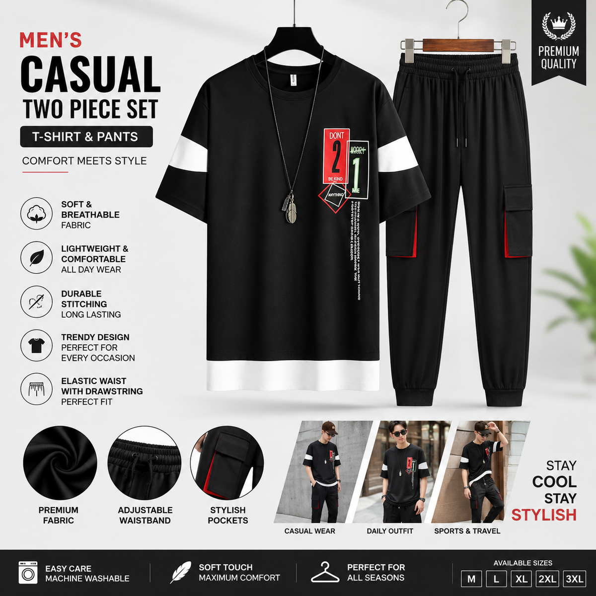 Men's Black Track Suit 2 Piece Set – Micro Interlock Graphic T-Shirt & Matching Pants, Stylish Casual Sportswear Outfit for Men, Comfortable Summer & Eid Wear