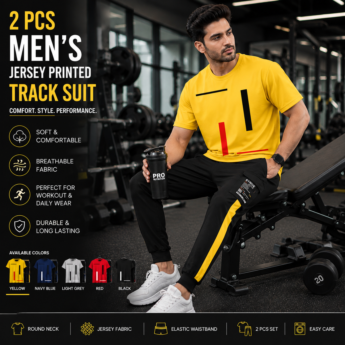 2 Pcs Men's Jersey Printed Track Suit Set, Men's Sportswear Gym Workout Tracksuit, Round Neck T-Shirt & Trousers, Casual Athletic Jogger Set for Gym, Running & Everyday Wear, Sizes S-XL