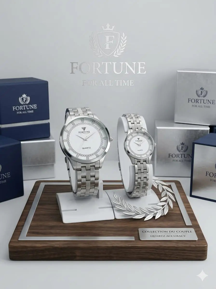 Fortune Luxury Matching Couple Watches – Premium Silver Quartz Wrist Watch Set for Him & Her | Elegant Stainless Steel Gift Collection