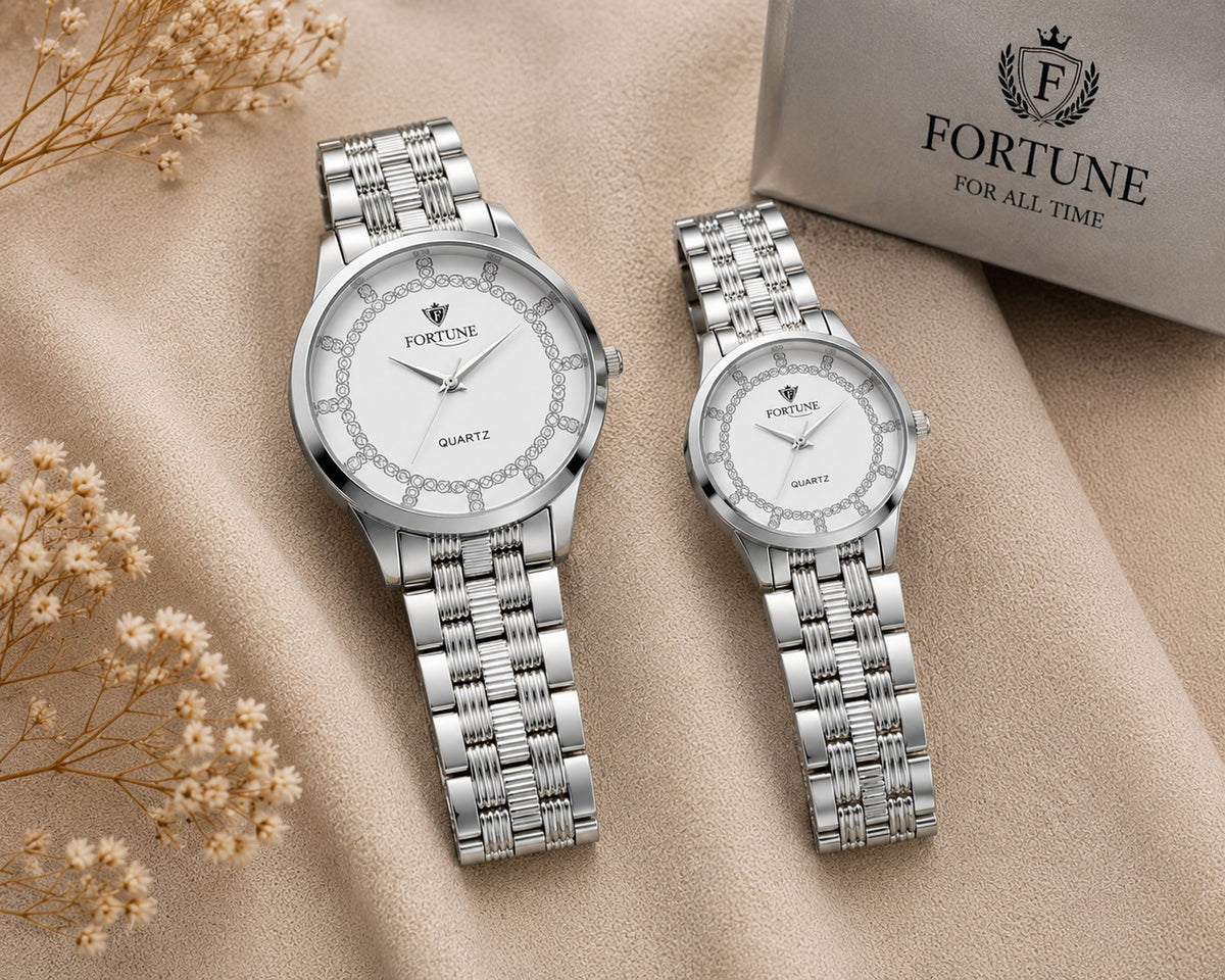 Fortune Luxury Matching Couple Watches – Premium Silver Quartz Wrist Watch Set for Him & Her | Elegant Stainless Steel Gift Collection