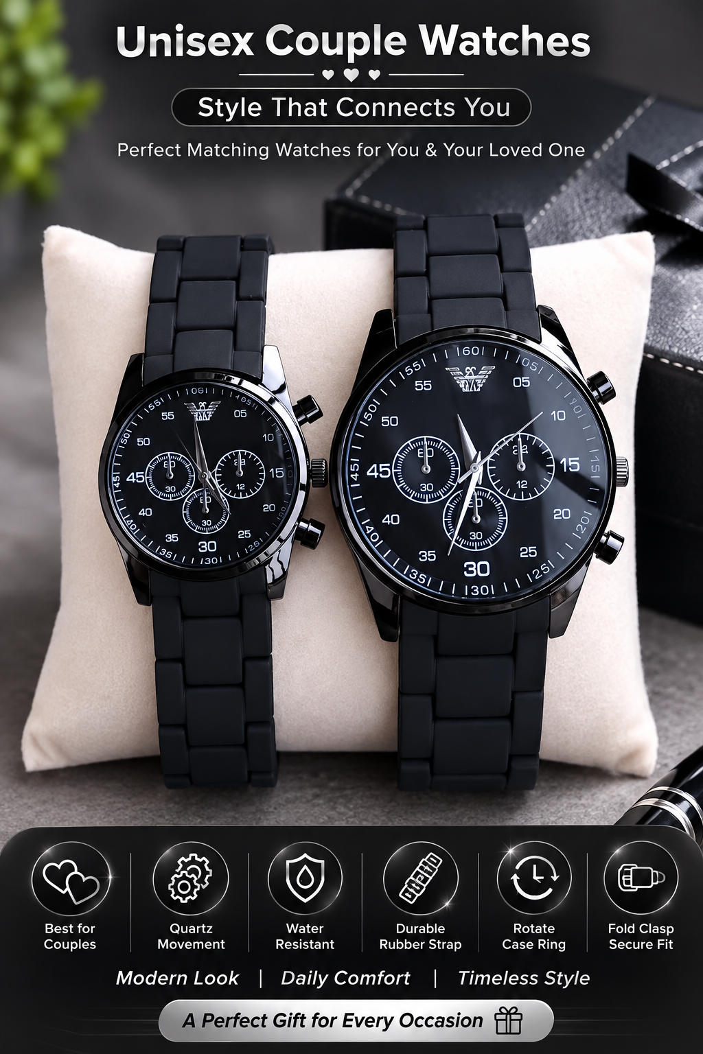 Unisex Couple Watches Black Gold Quartz Rubber Strap – Pack of 2 Stylish Analog Wrist Watches for Men & Women | Water Resistant | Luxury Round Dial | Fashion Matching His & Hers Watch Set
