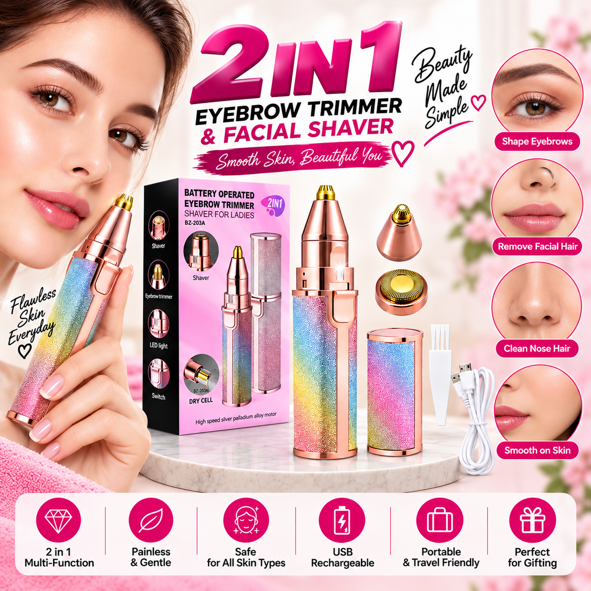 ✨ 2-in-1 Electric Eyebrow Trimmer & Shaver – Painless Precision Hair Remover with LED Light, Rechargeable Facial Razor for Eyebrows, Lips, Nose, Chin & Body