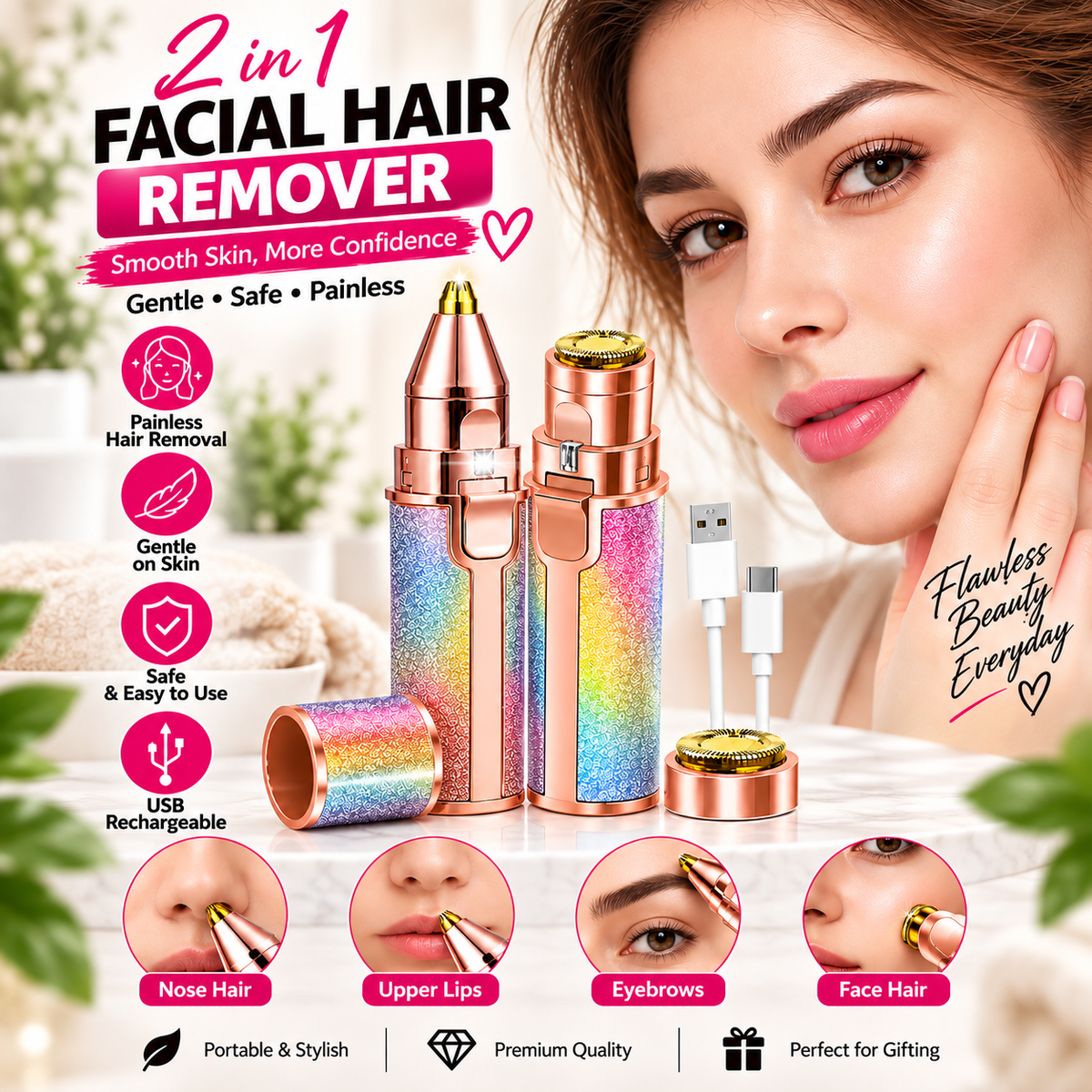 ✨ 2-in-1 Electric Eyebrow Trimmer & Shaver – Painless Precision Hair Remover with LED Light, Rechargeable Facial Razor for Eyebrows, Lips, Nose, Chin & Body