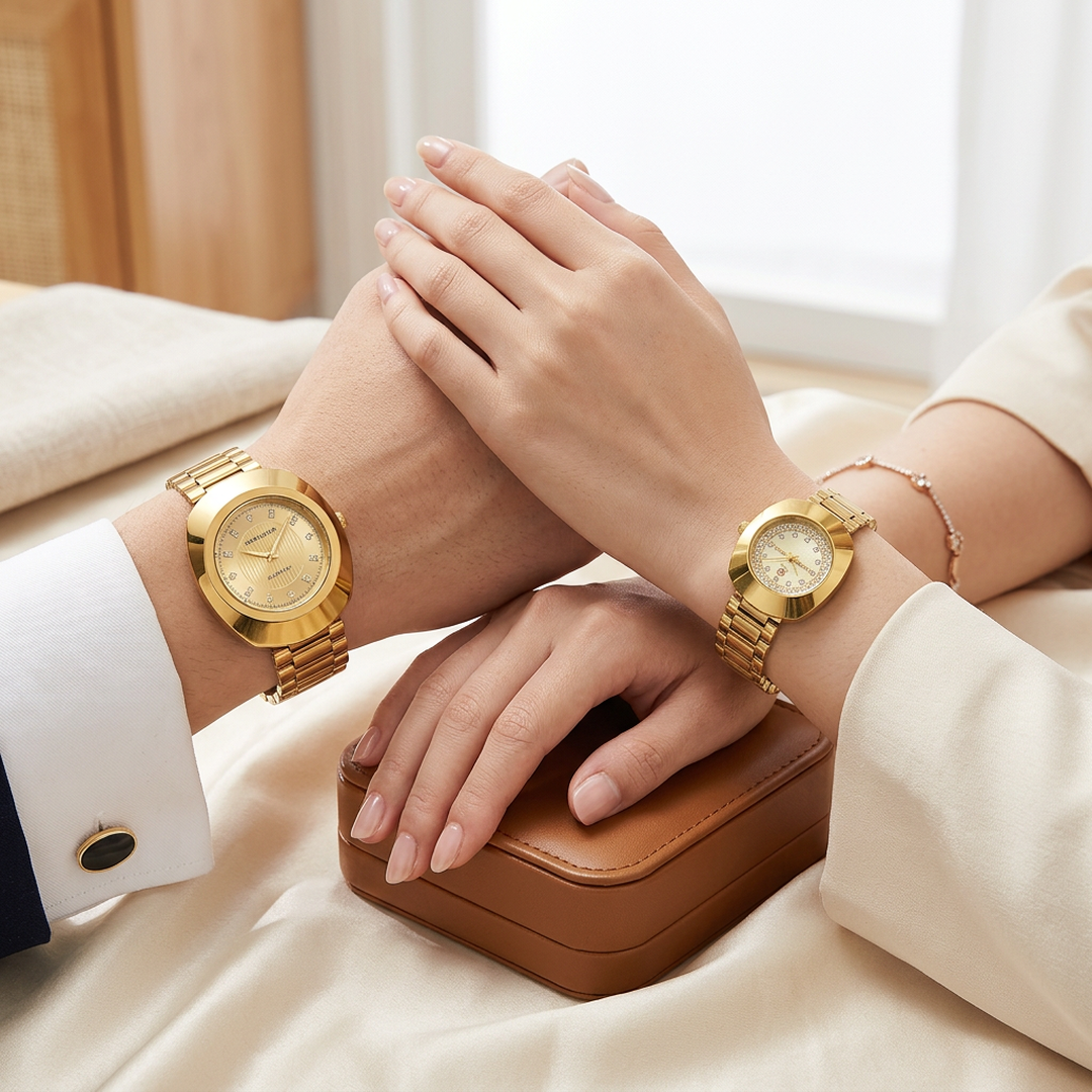 Luxury Rose Gold Couple Watches Set for Men & Women – Stainless Steel Chain Strap Quartz Analog Wrist Watches, Water Resistant Matching His & Hers Watch Gift Set for Anniversary, Wedding, Engagement, Valentine's Day & Birthday (2 Pcs)