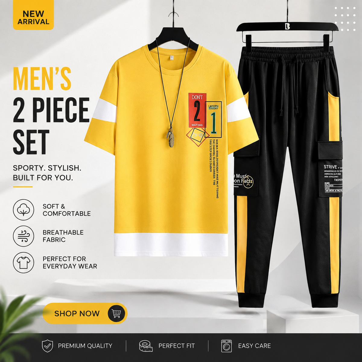 Men’s Graphic Track Suit Yellow & Black – 2 Piece Casual Sportswear Set