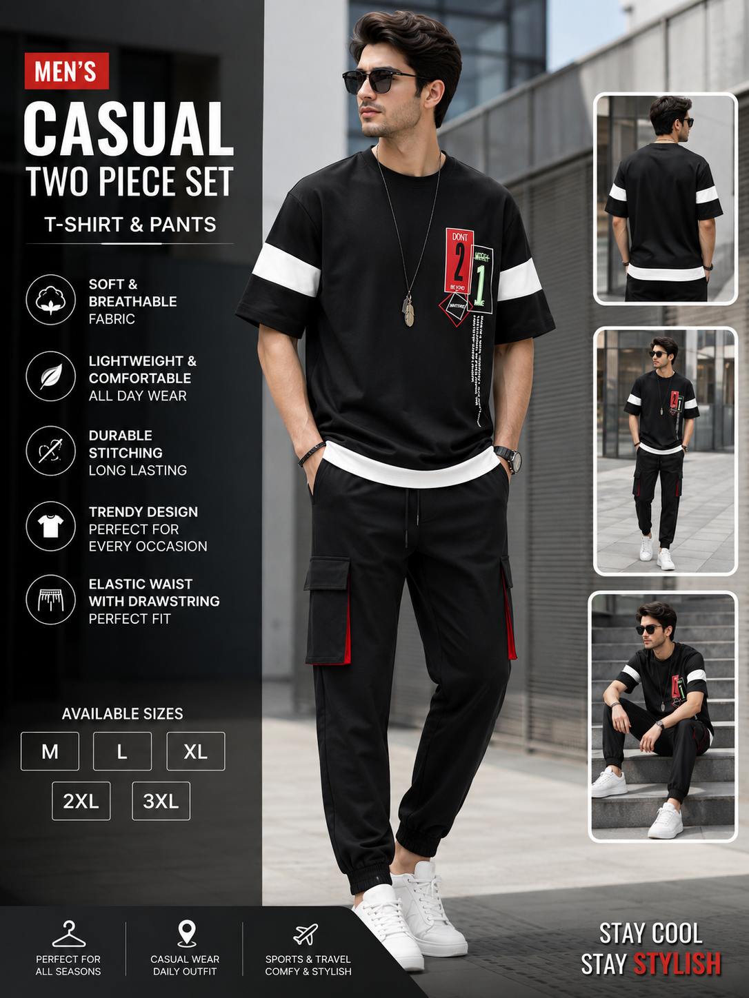Men's Black Track Suit 2 Piece Set – Micro Interlock Graphic T-Shirt & Matching Pants, Stylish Casual Sportswear Outfit for Men, Comfortable Summer & Eid Wear
