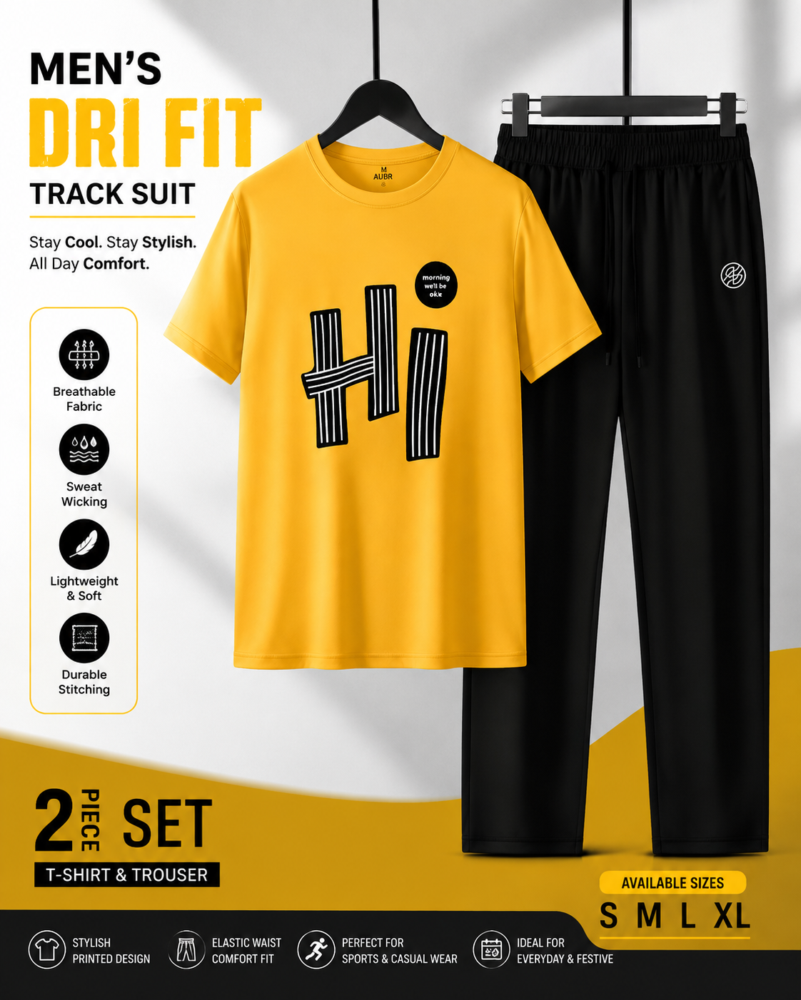 Men's Dry Fit Printed Track Suit 2 Piece Set – Yellow & Black