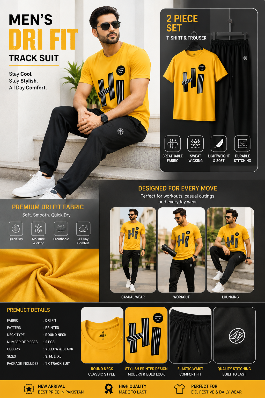 Men's Dry Fit Printed Track Suit 2 Piece Set – Yellow & Black